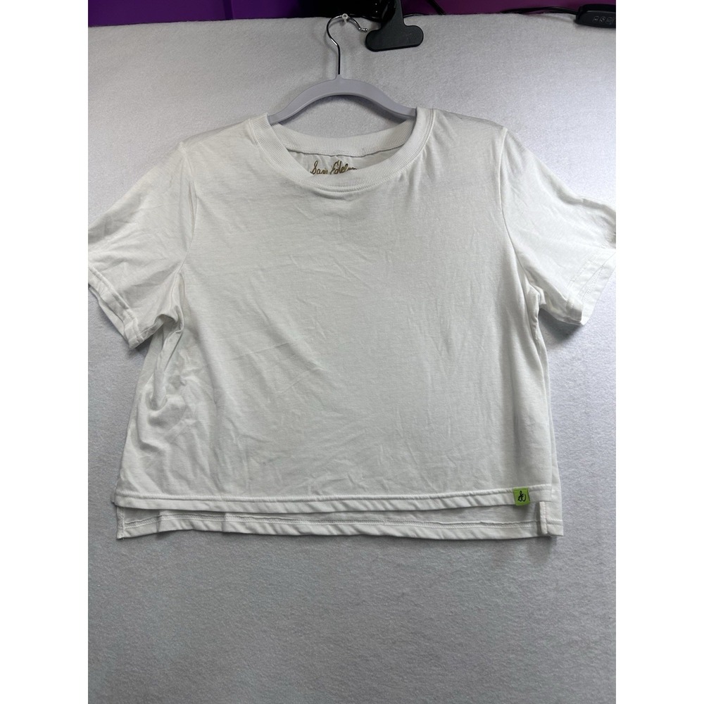 Sam Edelman Women's M White Solid Logo Crew Neck Crop Top Short Sleeve T-Shirt